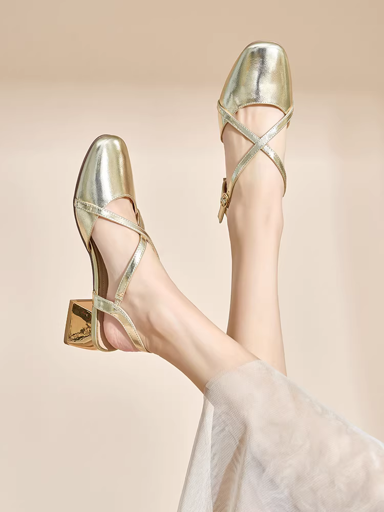 Dép quai ngang bạc Dadong dành cho nữ, trang phục mùa hè, thiết kế mới thời thượng 2025, phong cách độc đáo, giày cao gót đế thô thanh lịch