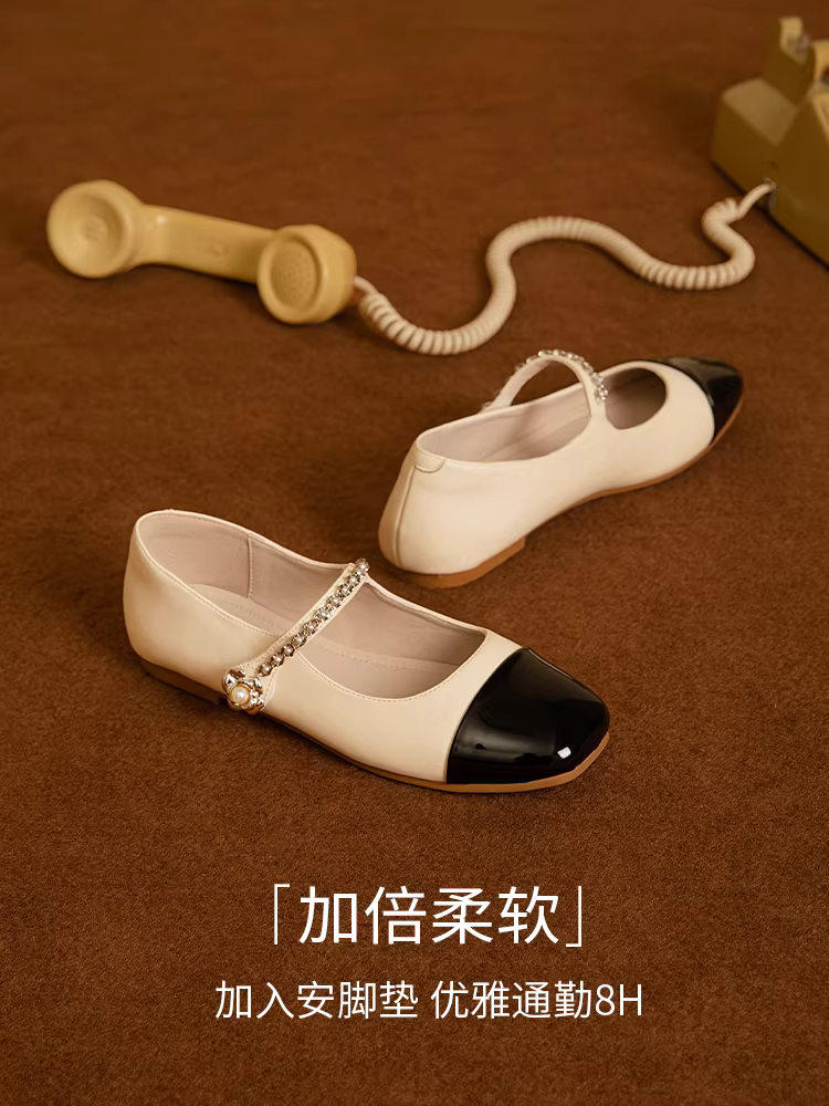 Giày nữ Dadong retro Mary Jane 2025 kiểu mới mùa thu, mũi vuông, gót thấp, phối chân váy, kiểu Chanel, giày đơn, giày đế thấp.