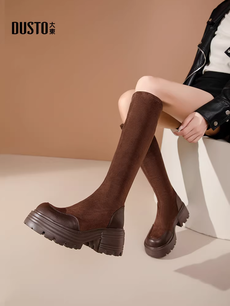 Giày bốt dài nữ 2025 giày bốt mùa thu đông mới giày bốt thon gọn co giãn giày bốt da lộn dài đế dày giày cao cổ đi xe