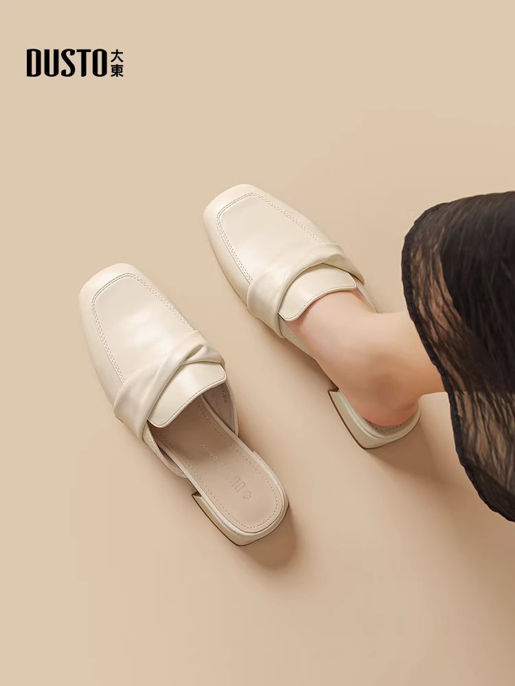 Giày mules Dadong dành cho nữ, mẫu mới thu 2025, gót thấp, mũi kín, kiểu Pháp, giày đơn, mũi vuông, kiểu nửa dép