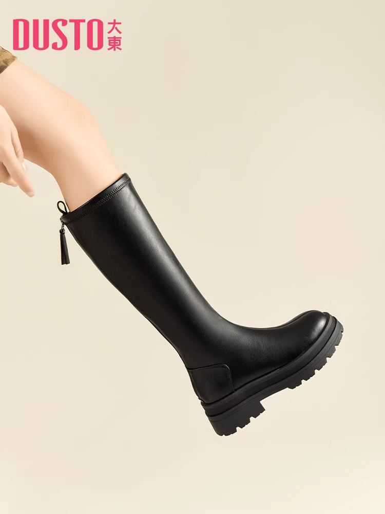 Giày bốt dài màu đen Dadong dành cho nữ, mẫu mới thu đông 2025, bốt nữ đế dày, bốt cao cổ, bốt ôm dáng.