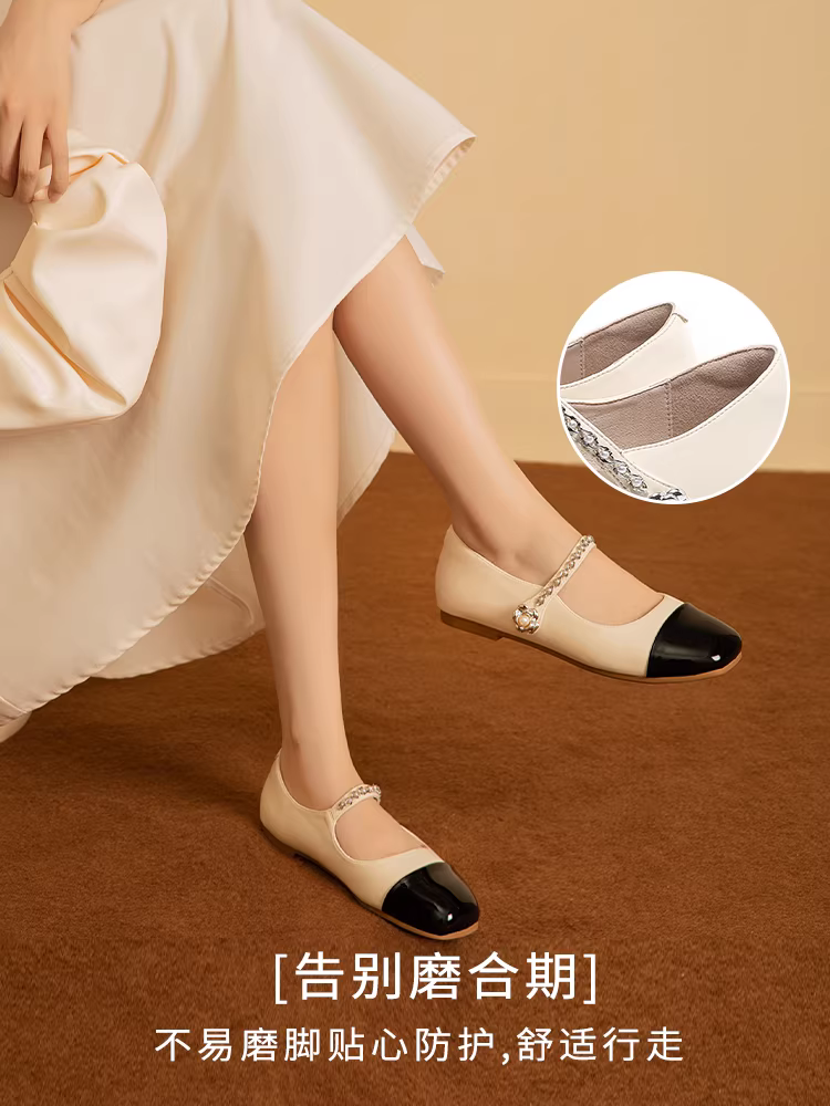 Giày nữ Dadong retro Mary Jane 2025 kiểu mới mùa thu, mũi vuông, gót thấp, phối chân váy, kiểu Chanel, giày đơn, giày đế thấp.