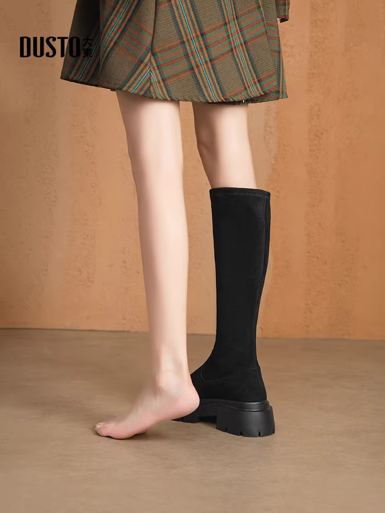 Giày bốt co giãn giảm béo Dadong dành cho nữ 2025 mới mùa thu đông giày bốt màu nâu bốt dài bốt cao bốt đế dày bốt thon gọn