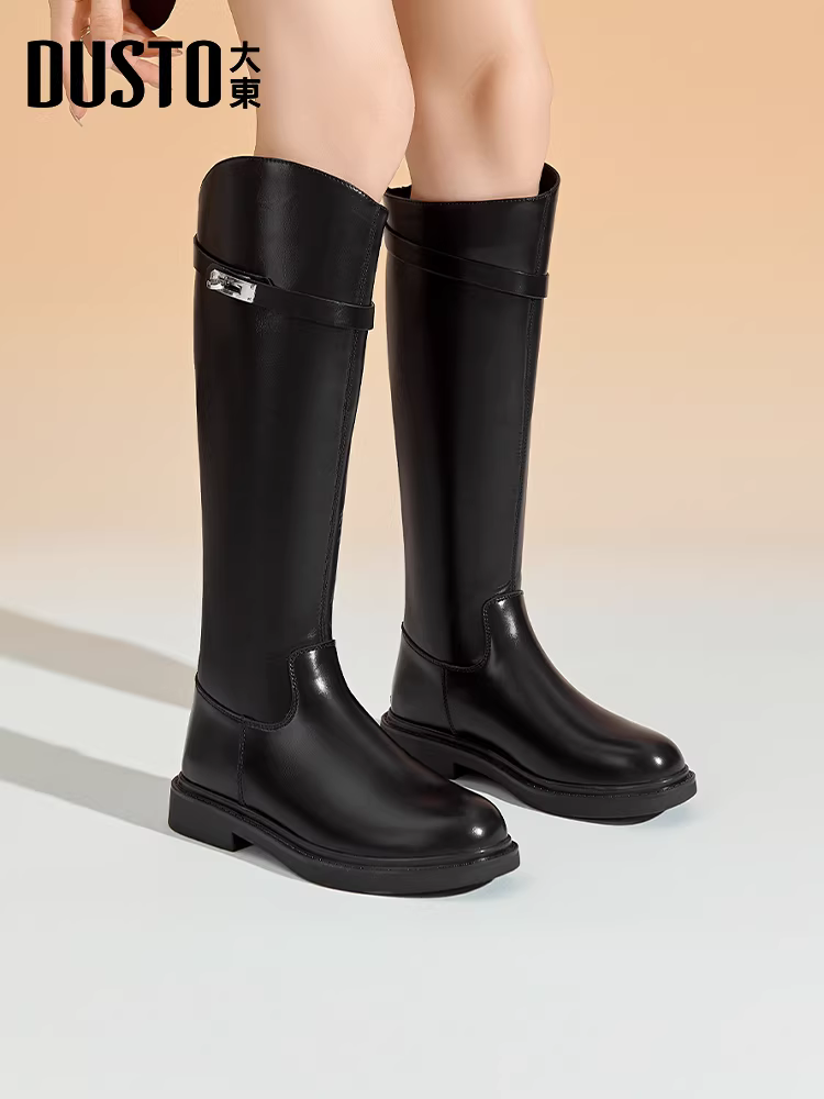 Giày bốt dài màu đen Dadong dành cho nữ, kiểu mới mùa thu đông 2025, bốt cao cổ, bốt ôm dáng, chân dày trông thon gọn hơn, bốt đi xe.