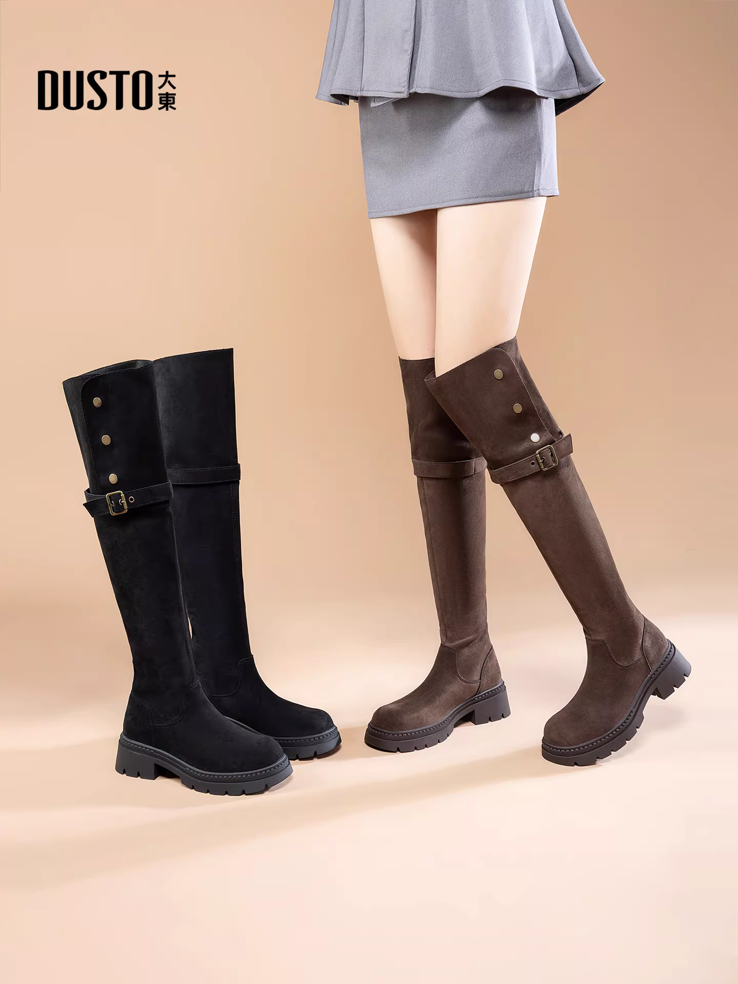 Giày bốt cao quá gối hai chiều có thể điều chỉnh của Dadong dành cho nữ, mẫu mới thu đông 2025, chất liệu da lộn đế dày, kiểu dáng cao cổ, thích hợp đi cưỡi ngựa.