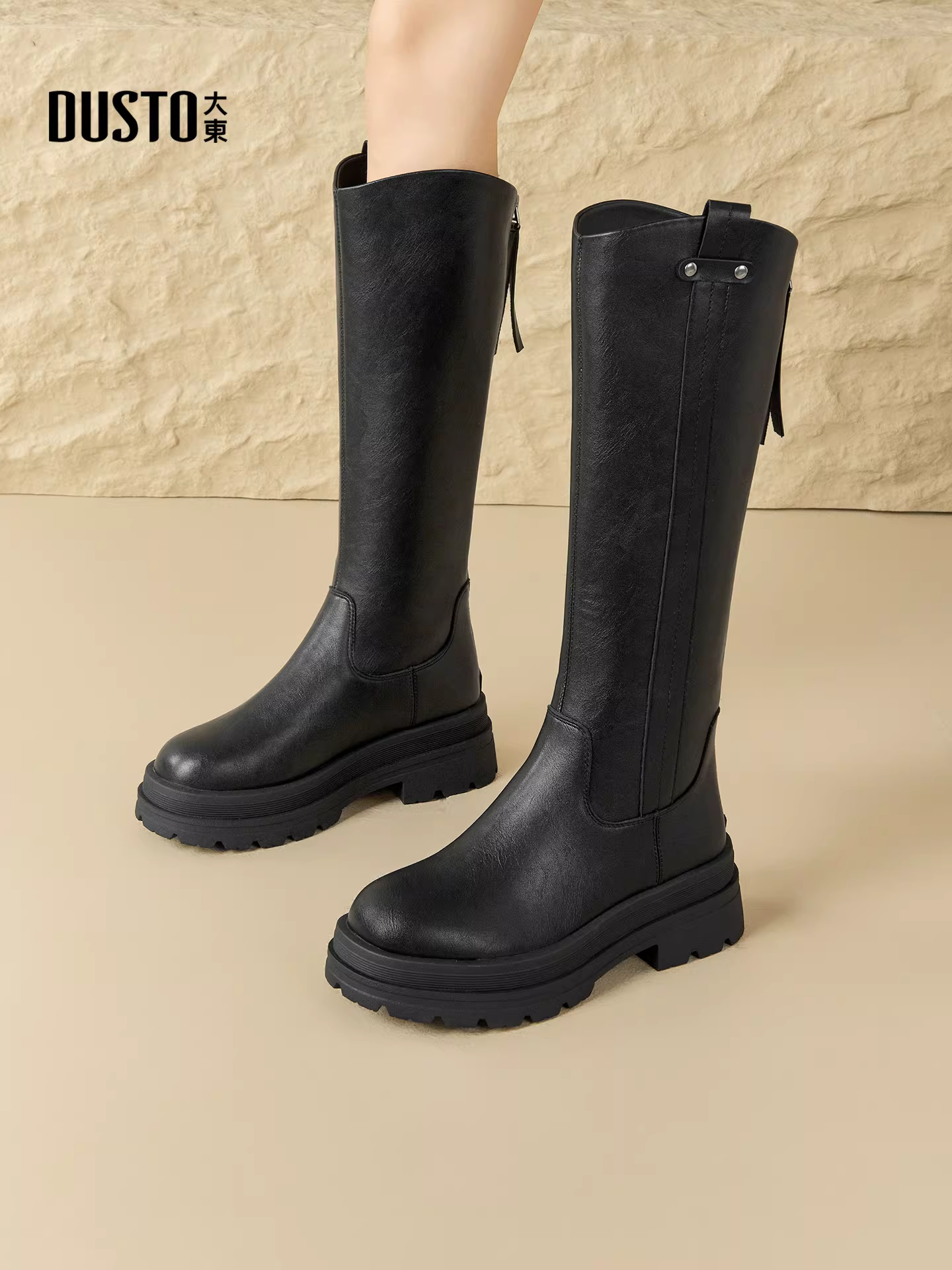 Giày bốt nữ cao cổ đế dày gót thô, bộ sưu tập thu đông 2025 mới, bốt hiệp sĩ đen, bốt cao cổ.