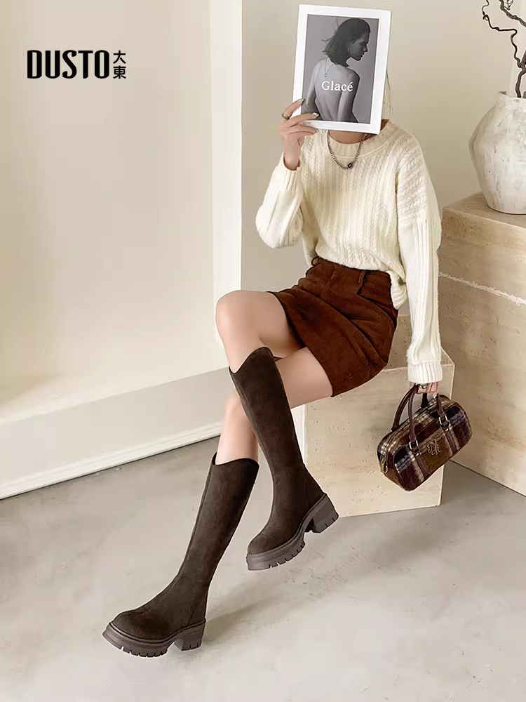 Giày bốt nữ da lộn cao cổ mùa thu đông 2025 đế dày gót vuông cao cổ tôn dáng kiểu cưỡi ngựa