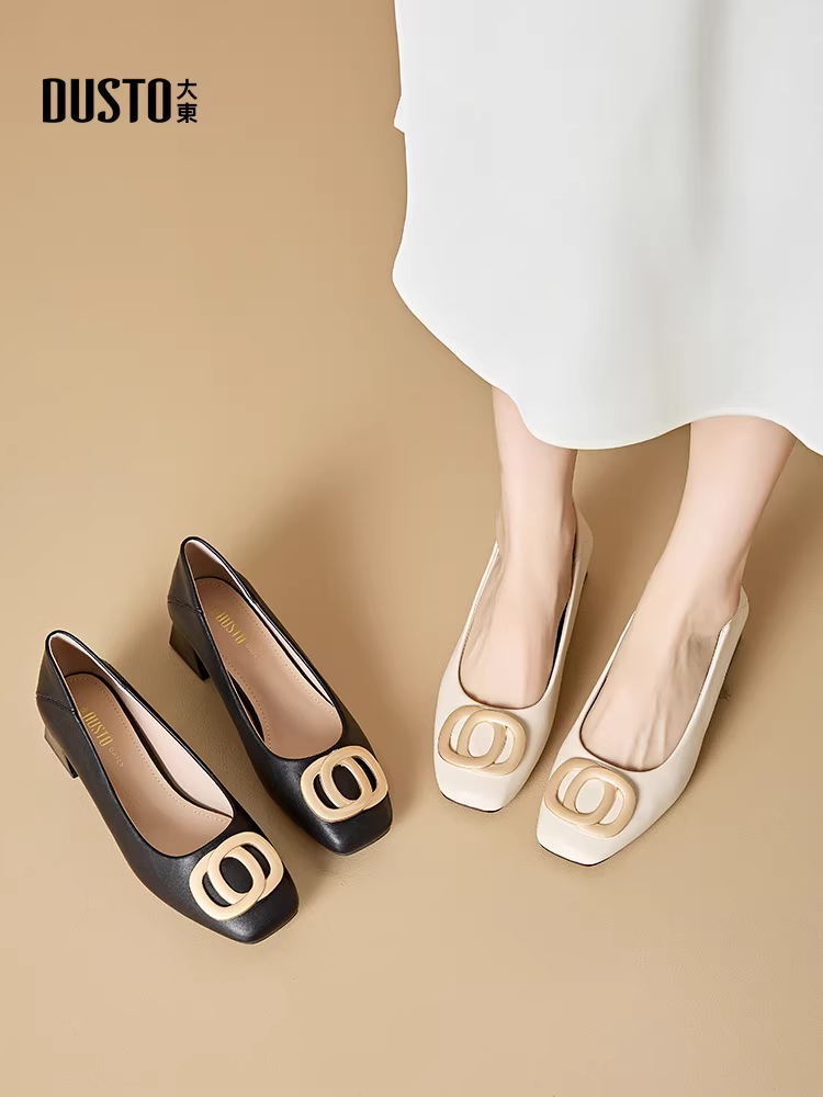 Giày bệt màu be Dadong dành cho nữ, mẫu mới thu 2025, gót dày, mũi vuông, gót cao trung bình, giày cao gót, giày đi làm, giày nữ đế mềm, kiểu lười