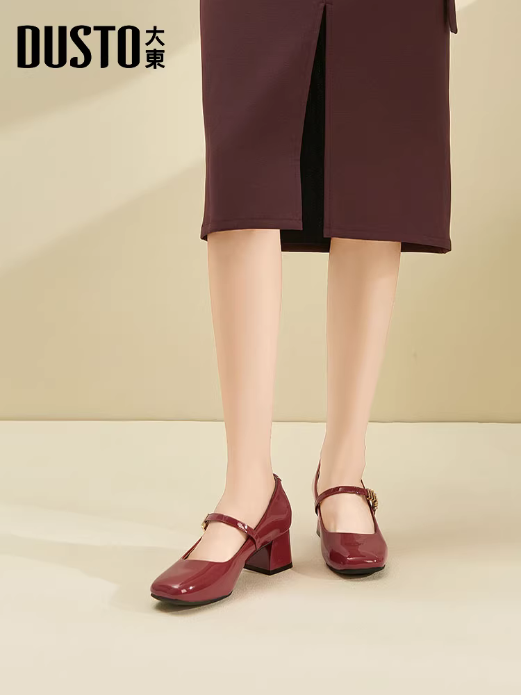 Giày cao gót đế thô Dadong màu đen dành cho nữ, kiểu Pháp mùa thu mới 2025, kiểu Mary Jane, mũi vuông, giày đơn giản.