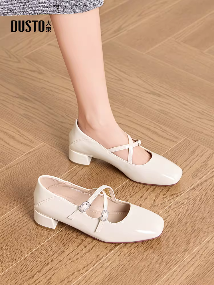 Giày Mary Jane đỏ Dadong dành cho nữ, kiểu dáng ballet mùa thu mới 2025, giày nữ gót dày, gót trung bình, giày đơn đế thấp