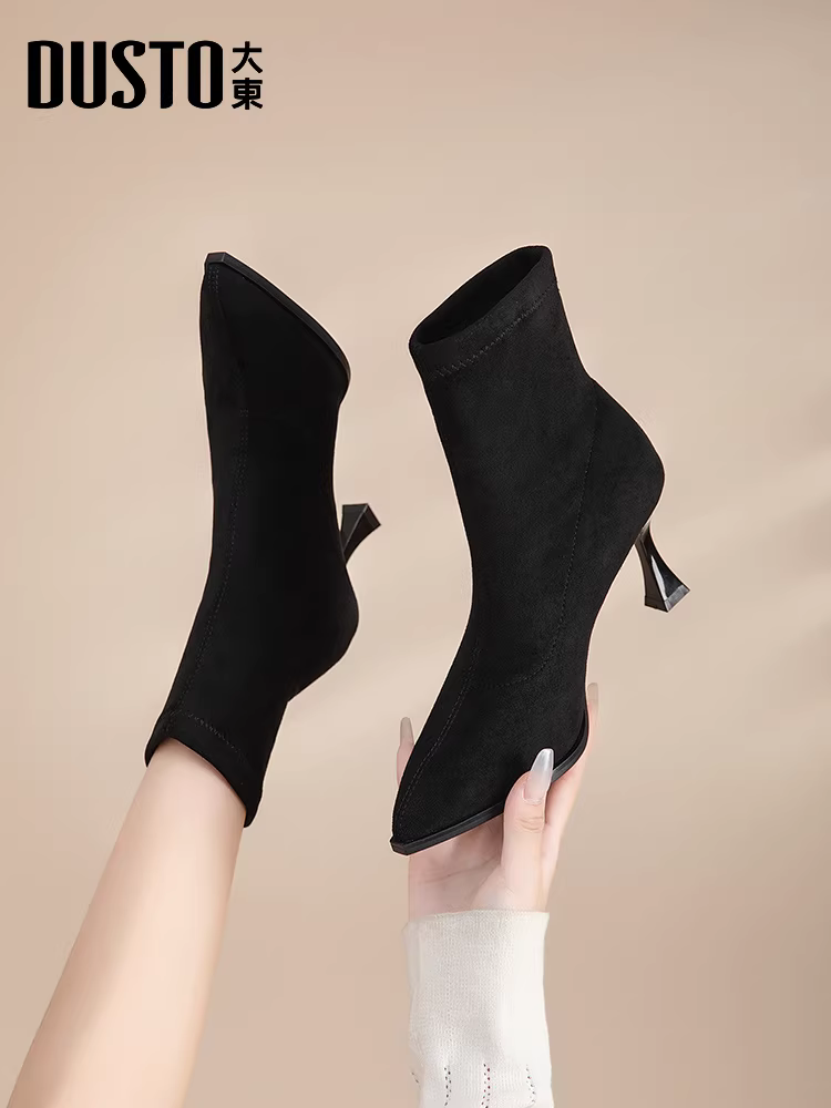 Giày bốt cao gót ngắn Dadong dành cho nữ 2025, mẫu mới thu đông, giày cao gót thun ôm dáng, mũi nhọn, kiểu dáng thời trang.