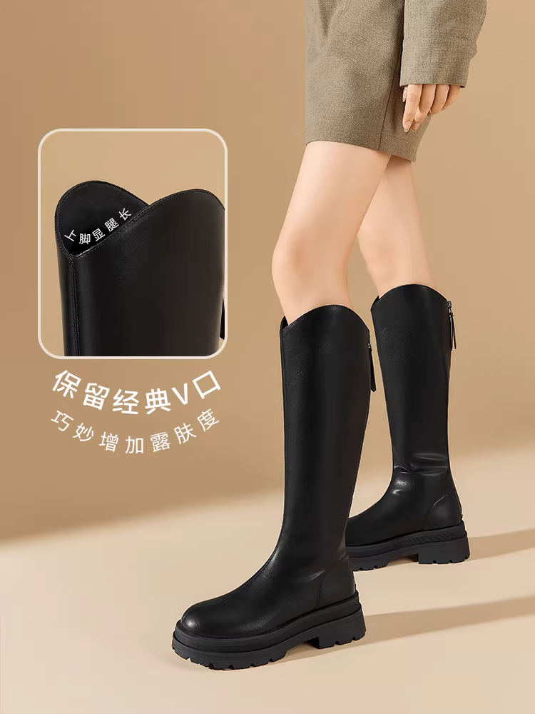 Giày cao cổ Dadong dành cho nữ 2025, mẫu mới thu đông, lót lông, đế dày, kiểu ngắn, màu đen, kiểu dài.