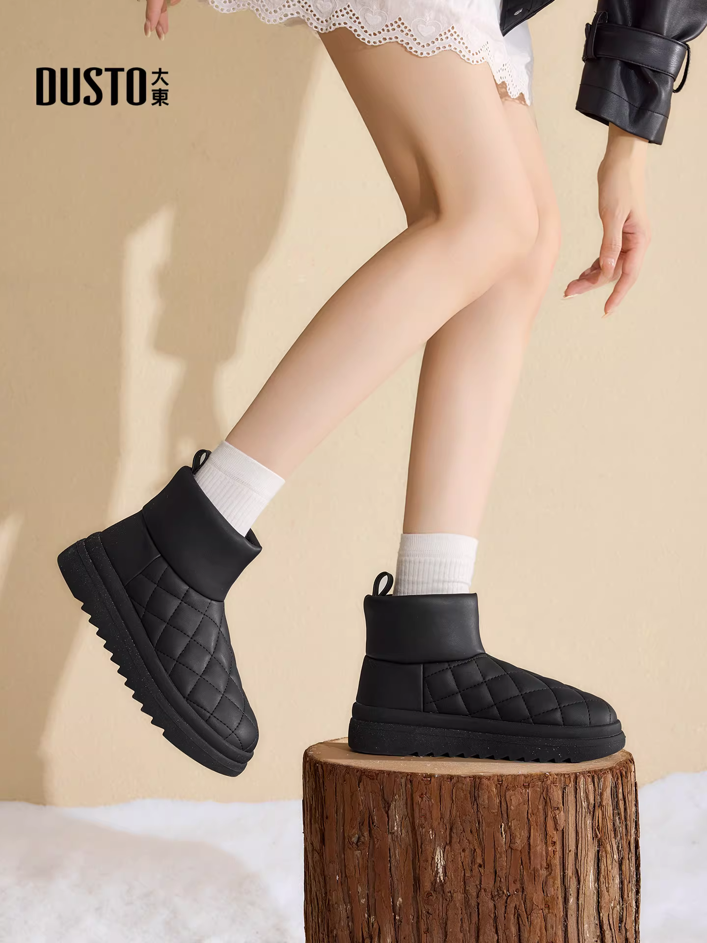Giày bốt tuyết lông trắng Dadong dành cho nữ, kiểu mới mùa đông 2025, kiểu lười đế dày, lót lông cừu, giày cotton giữ ấm.