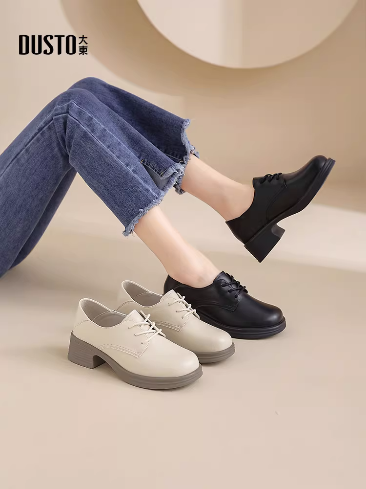 Giày da nữ 2025 mới thu đông màu đen đế dày kiểu Anh, giày lười cổ sâu, giày da đi làm