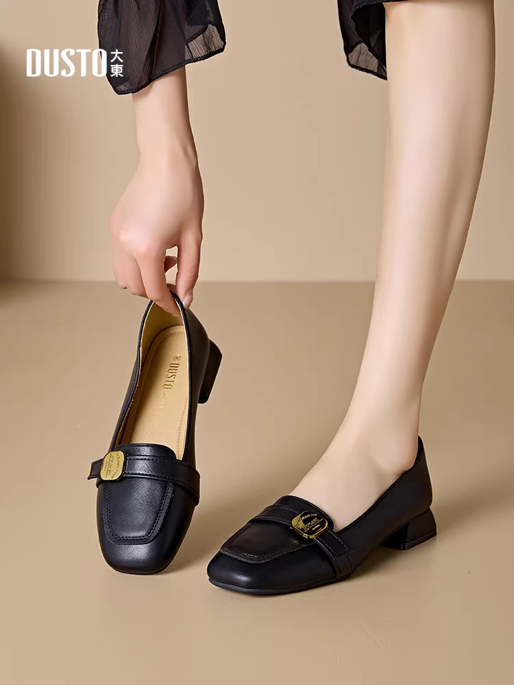 Giày bệt đế thấp miệng nông Dadong dành cho nữ, mẫu mới thu đông 2025, giày đi làm, đi làm hàng ngày, kiểu lười, mũi vuông, gót thô, giày da nhỏ.