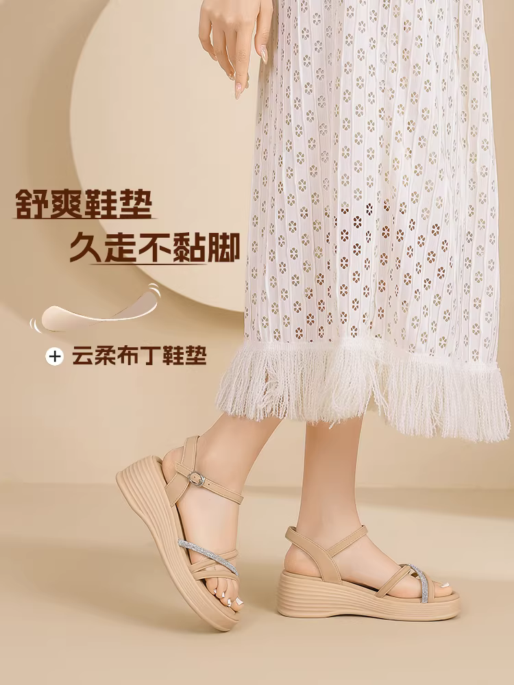 Dép nữ đế xuồng kiểu mới hè 2025, phối đồ đầm rất đẹp, kiểu hở mũi đính đá, đế dày tăng chiều cao, kiểu La Mã