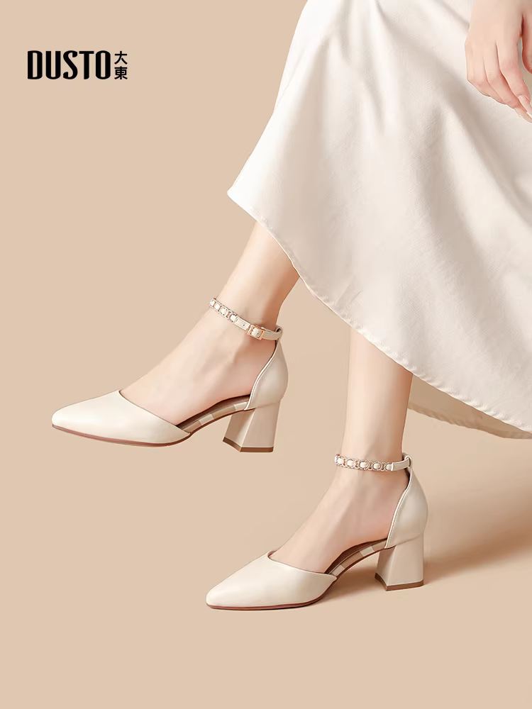 Dép đế bằng Dadong kiểu Pháp, mũi kín dành cho nữ, kiểu mới hè 2025, thích hợp phối với đầm, mũi nhọn, gót dày, cao gót.