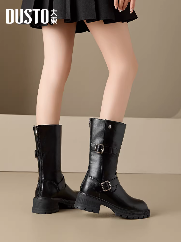 Giày bốt đen Dadong cao đến giữa bắp chân dành cho nữ, mẫu mới thu đông 2025, dành cho nữ nhỏ nhắn, đế dày, kiểu Anh, kiểu Martin.