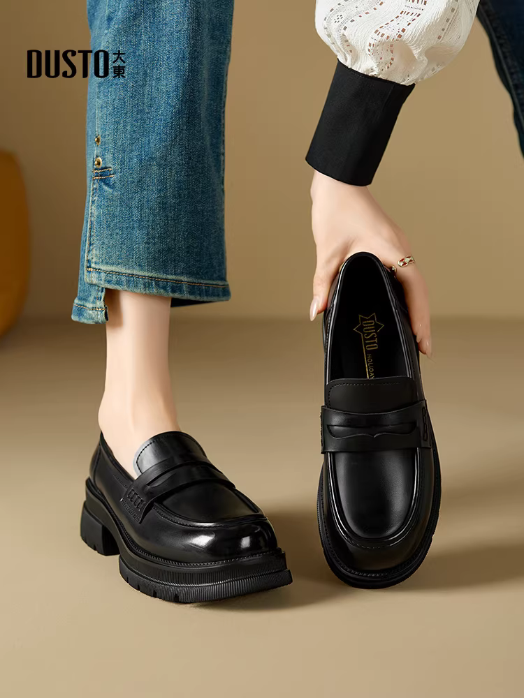 Giày lười đế dày Dadong dành cho nữ, mùa thu đông 2025, giày đen mới thời thượng, giày đơn, kiểu Anh, giày da nhỏ tăng chiều cao.