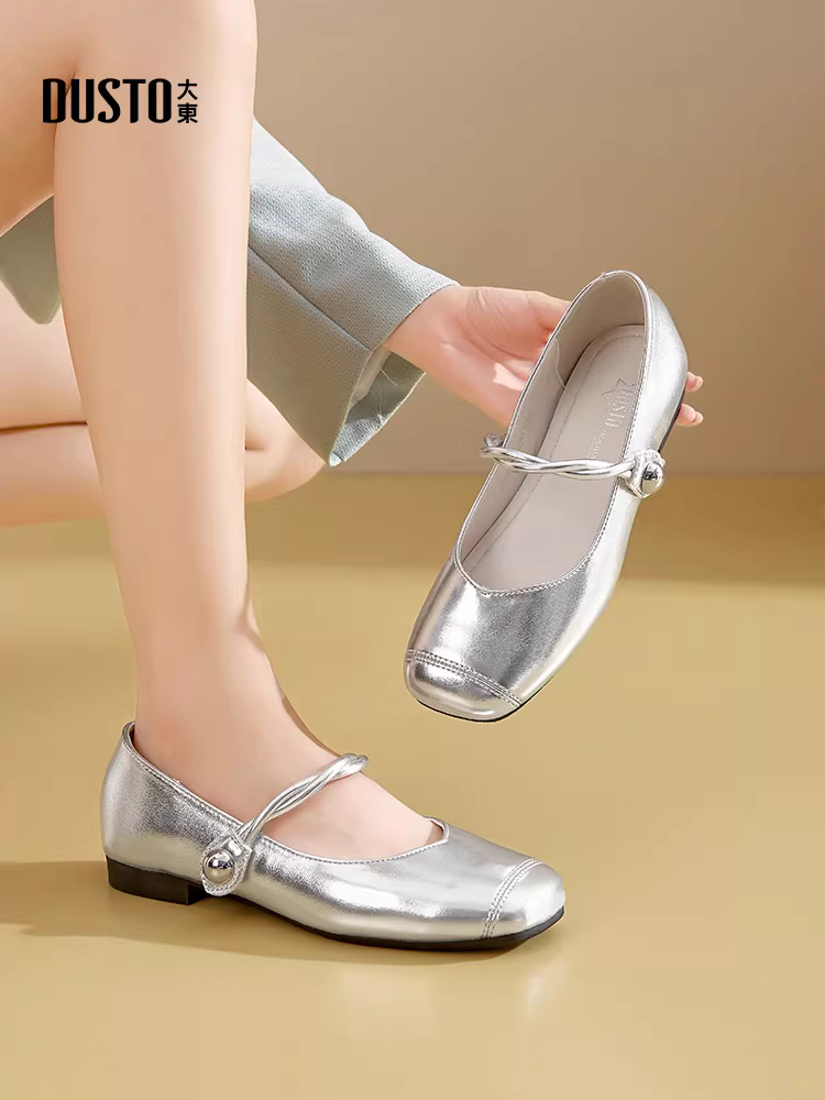 Giày đơn nữ kiểu Pháp bạc Dadong, giày đế thấp mũi vuông mới mùa thu 2025 phối cùng váy, giày Mary Jane, giày da nhỏ cho nữ.