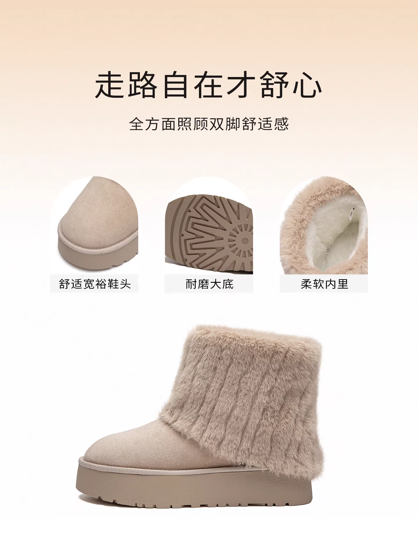 Giày bốt nữ Dadong màu xám, mùa đông 2025, lót lông giữ ấm, cao đến giữa bắp chân, giày lông dày, đế dày, kiểu ngắn