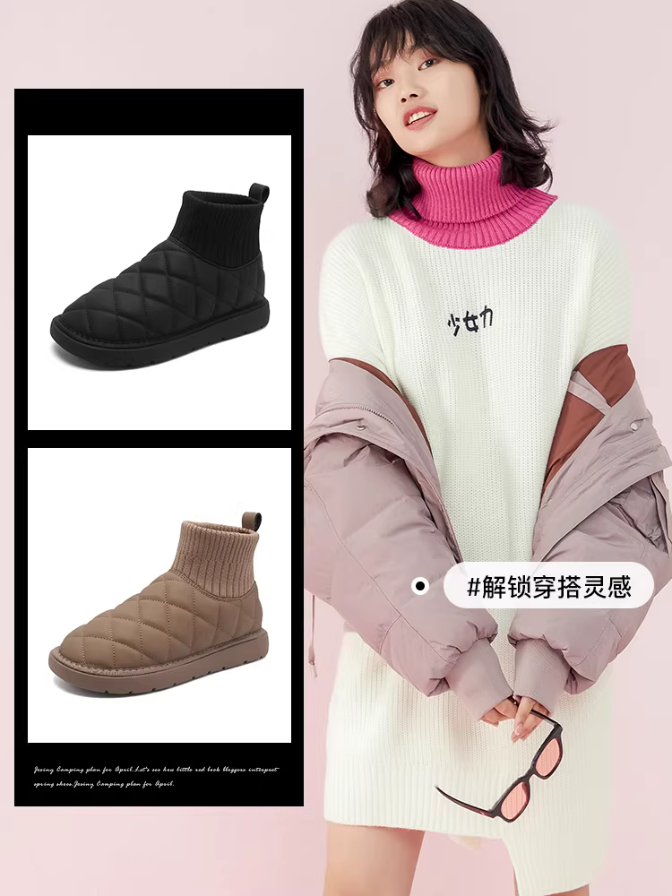 Giày bông mùa đông nữ kiểu mới 2025, giày bánh mì, ủng ngắn đi tuyết, đế dày, lót lông cừu, chống trơn trượt, ủng bông