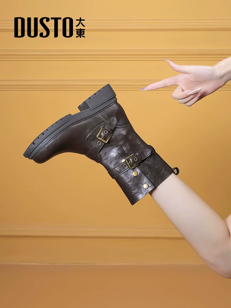 Giày bốt Dadong bốt cao đến giữa bắp chân dành cho nữ 2025 mới mùa thu đông màu đen đế dày bốt ngắn kiểu phương Tây bốt cưỡi ngựa phổ biến bốt Martin