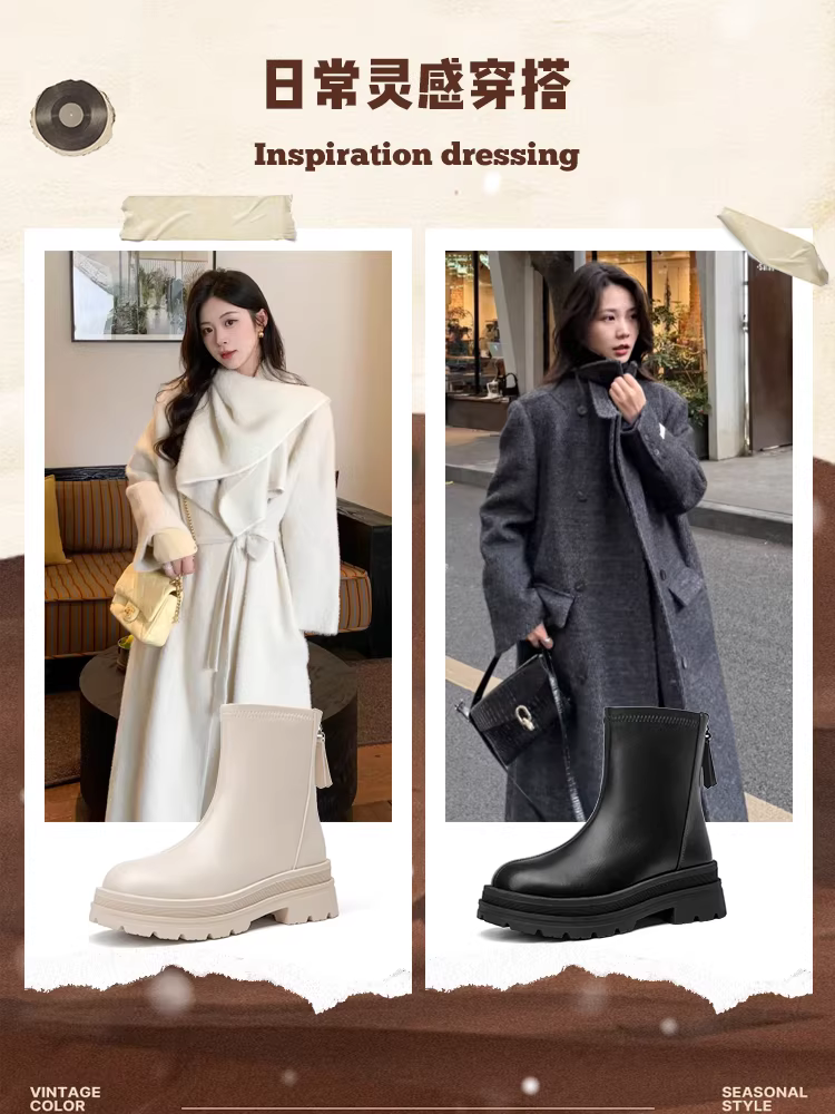 Giày bốt cổ ngắn đế dày lót lông cừu Dadong dành cho nữ 2025 Giày bốt mùa thu đông mới Giày bốt Chelsea nữ bốt đến mắt cá chân bốt dáng thon bốt Martin