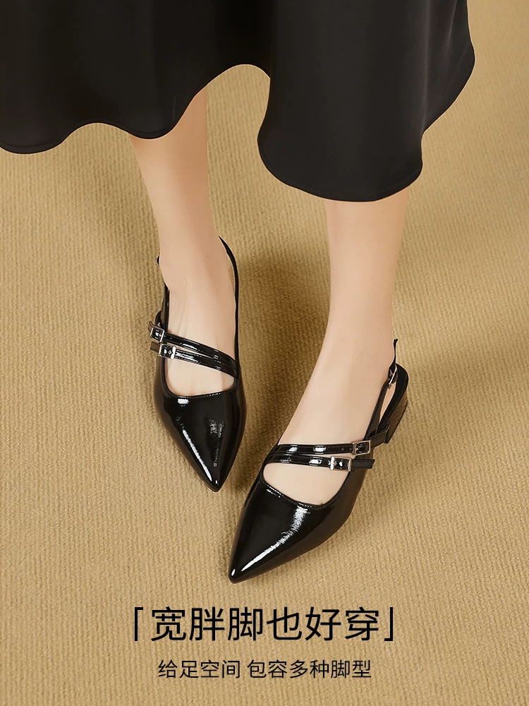 Dép quai ngang mũi nhọn Dadong bạc dành cho nữ, kiểu dáng mùa hè mới 2025, gót dày thanh lịch, phong cách Pháp, dép nữ tuyệt đẹp