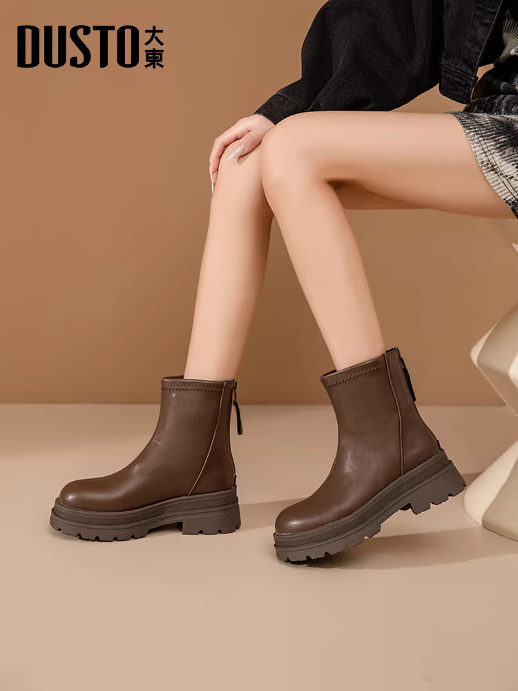 Giày bốt đế dày Dadong dành cho nữ, kiểu mới thu đông 2025, màu cà phê, kiểu Melard, bốt nữ ôm dáng co giãn, kiểu Martin.