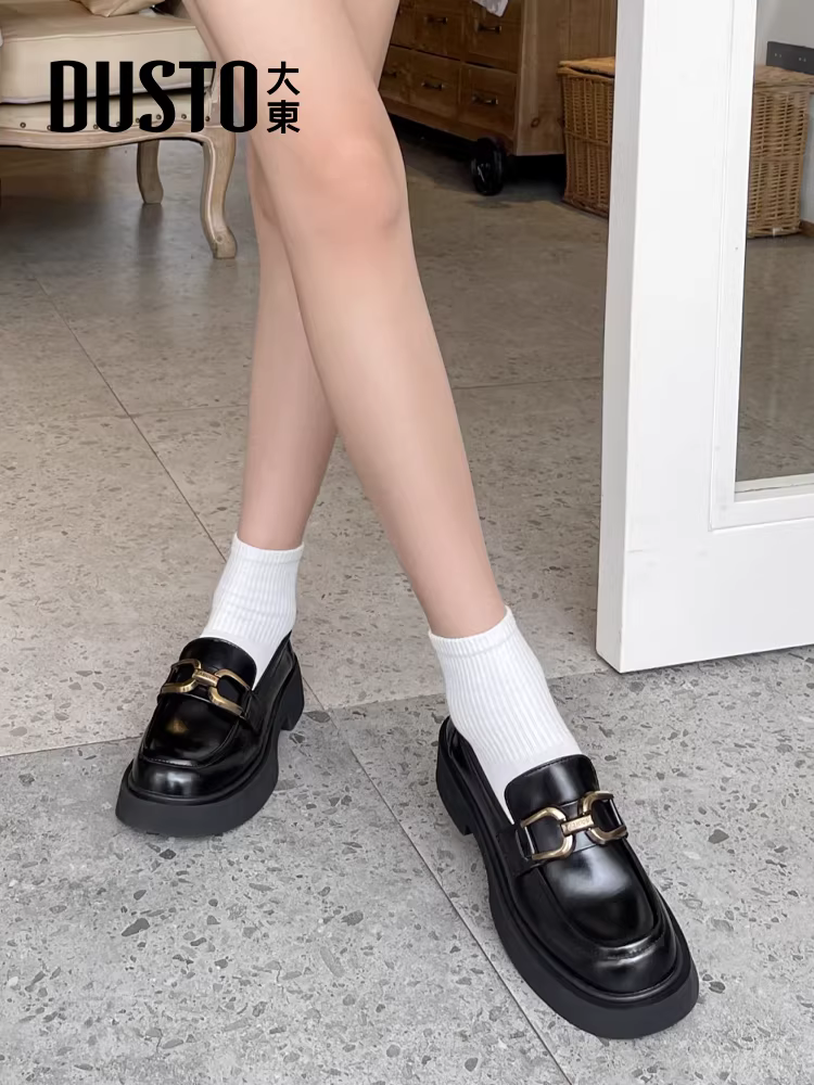 Giày lười nữ đế dày gót vuông, giày đen mới mùa thu đông 2025, giày nữ đơn giản, giày da nhỏ kiểu Anh.