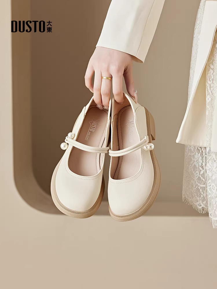 Giày Mary Jane kiểu Pháp Dadong dành cho nữ, mẫu mới thu 2025, mũi tròn, đế dày, gót thấp, phối chân váy, giày nữ đế thấp.
