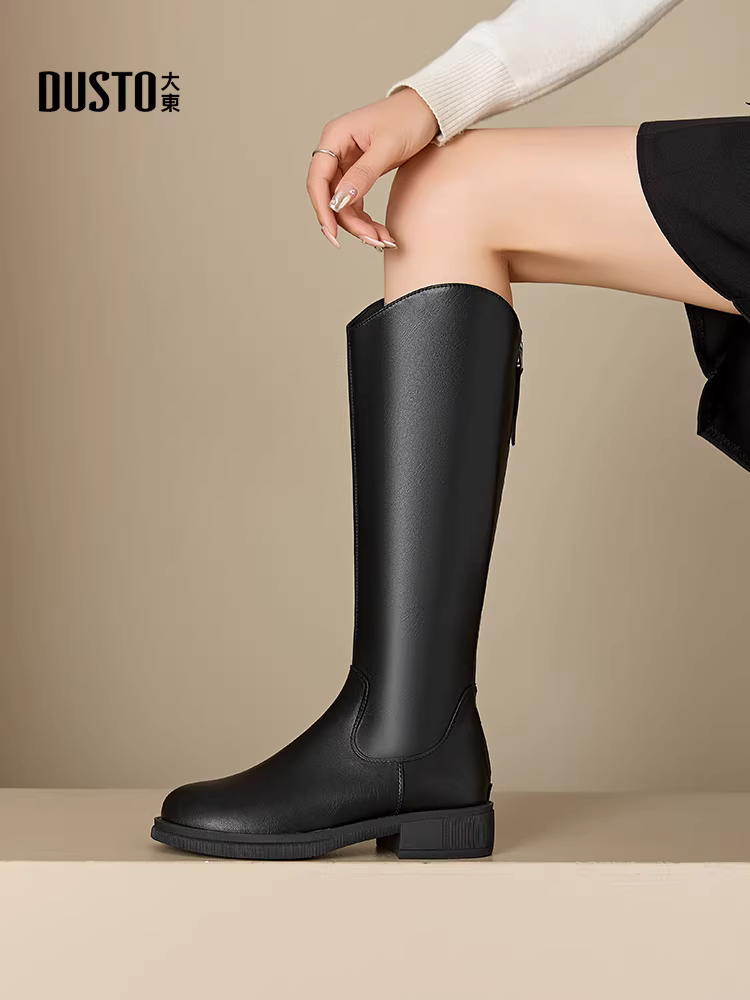 Giày bốt đen Dadong nữ 2025 kiểu mới hot, bốt cao cổ đi xe, bốt ôm dáng co giãn, bốt nữ cổ V dài