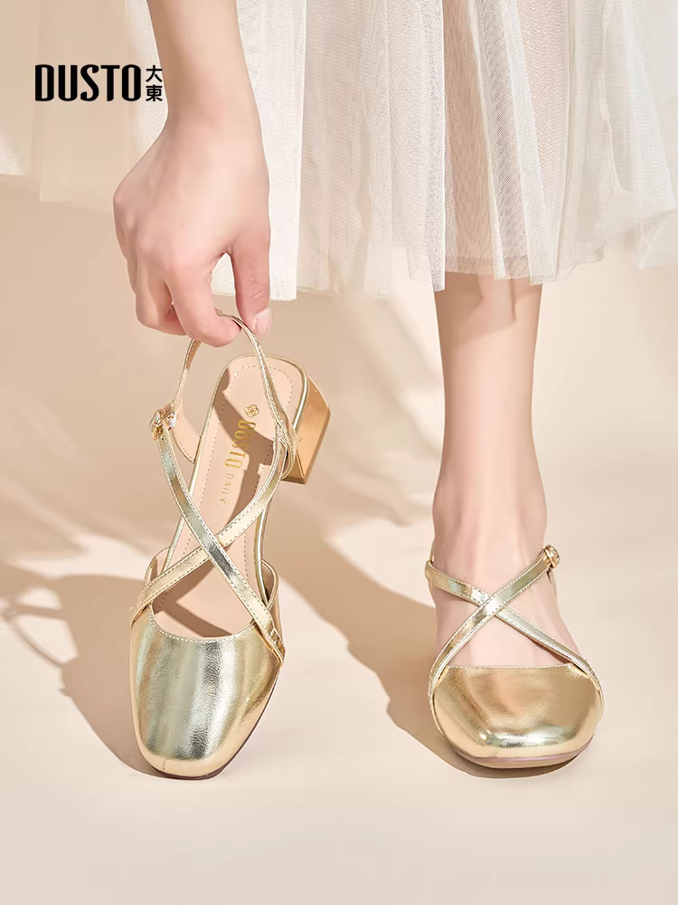 Dép quai ngang bạc Dadong dành cho nữ, trang phục mùa hè, thiết kế mới thời thượng 2025, phong cách độc đáo, giày cao gót đế thô thanh lịch