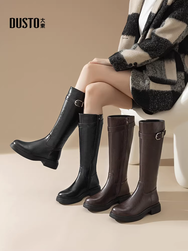 Giày bốt dài màu đen Dadong dành cho nữ, mùa thu đông 2025, kiểu mới đế dày lót lông, mũi tròn, kiểu ôm sát, cổ cao, kiểu đi xe.
