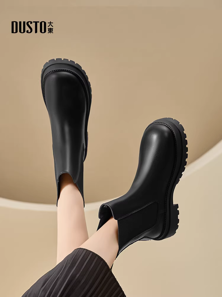 Giày bốt ngắn màu đen Dadong dành cho nữ 2025 mẫu mới hot mùa thu đông, kiểu Chelsea đế dày tăng chiều cao, giày Martin nữ