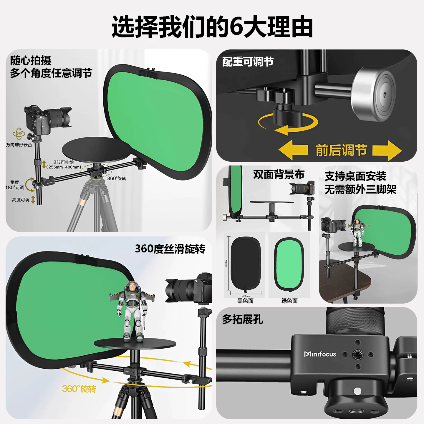 Nền tảng quay thủ công Minifocus dành cho máy ảnh không gương lật và điện thoại thông minh, thích hợp cho quảng cáo, thương mại điện tử, hình ảnh chính toàn cảnh, hiển thị video, thiết bị studio chụp ảnh xoay 360 độ.