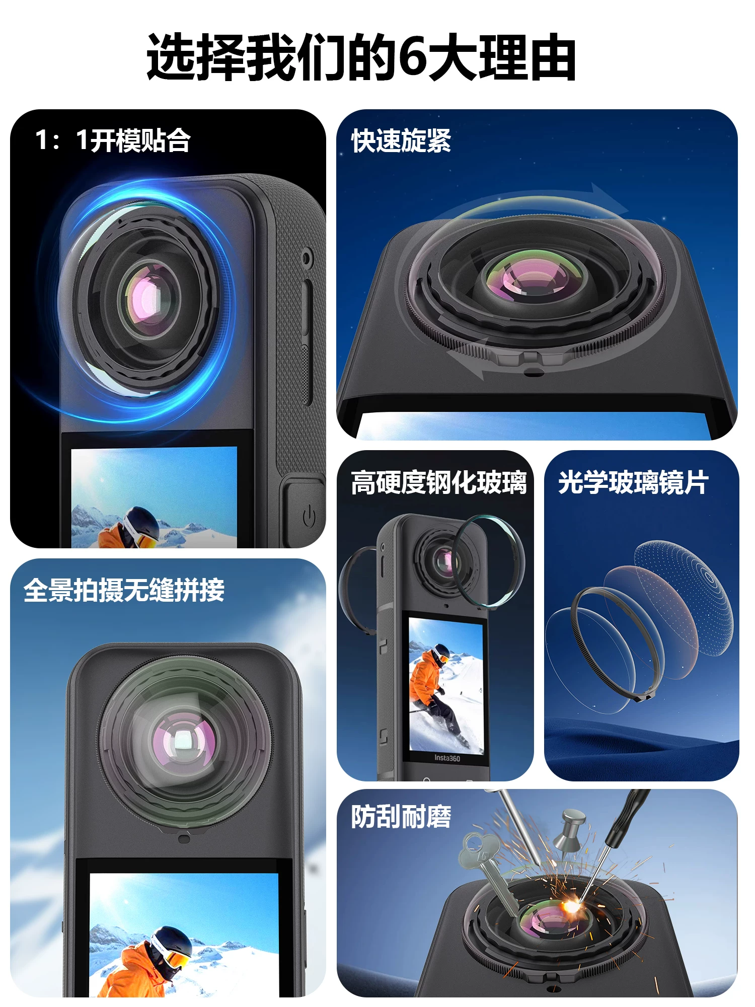 Miếng dán bảo vệ ống kính thương hiệu Minifocus dành cho ống kính Insta360 X5 X4 X3, nắp che ống kính cho phụ kiện camera hành trình toàn cảnh, kính cường lực chống mài mòn, vỏ bảo vệ bằng kính cao cấp.