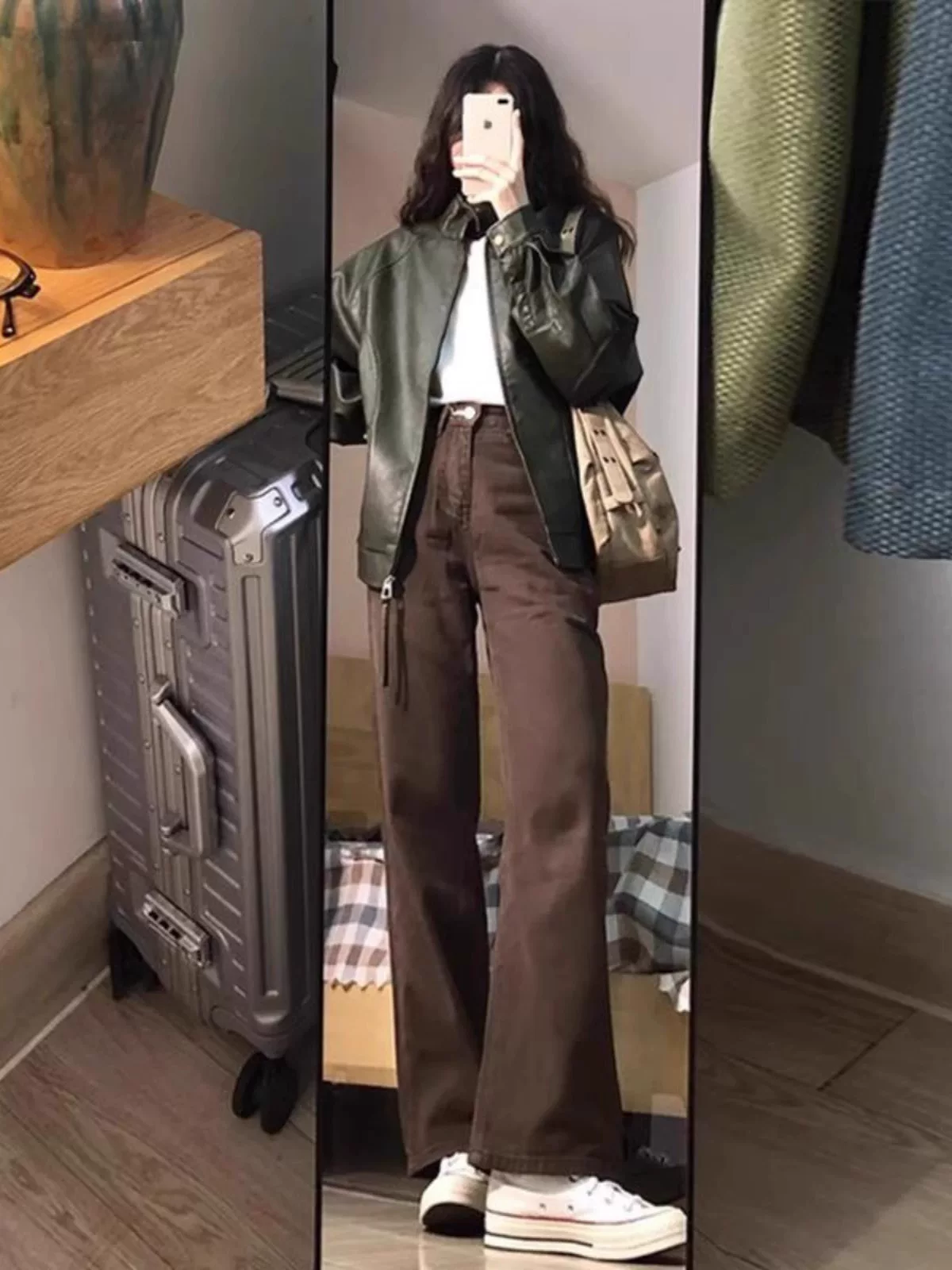 Quần jeans màu nâu cà phê dành cho nữ, kiểu mới thu đông 2024, size lớn, cạp cao, dáng rộng, suôn mềm, tôn dáng, quần ống rộng hẹp.