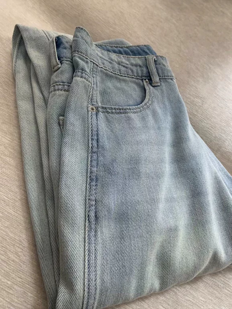 Quần jean lụa băng màu xanh nhạt hình quả lê dành cho nữ, kiểu dáng mỏng mùa hè, cỡ lớn, lưng cao, dáng rộng, quần ống rộng giảm béo