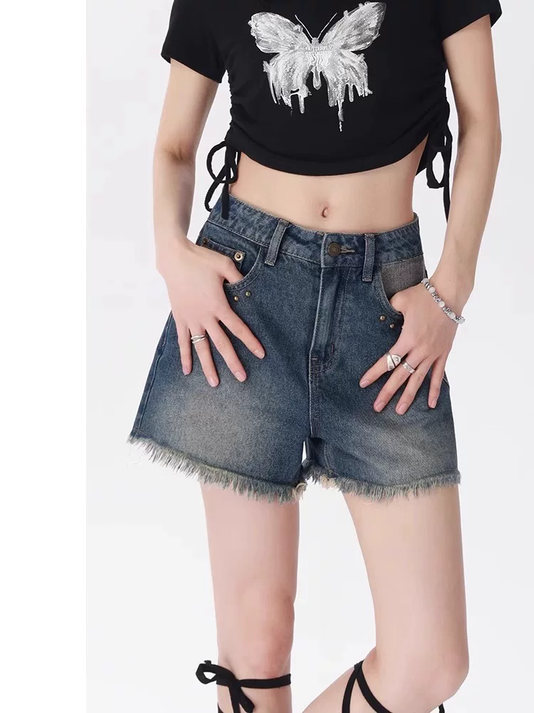 Quần short denim cổ điển kiểu Mỹ dành cho nữ, dáng quả lê mùa hè, cỡ lớn, lưng cao, dáng rộng, thon gọn, dáng chữ A, viền sờn, quần ống rộng