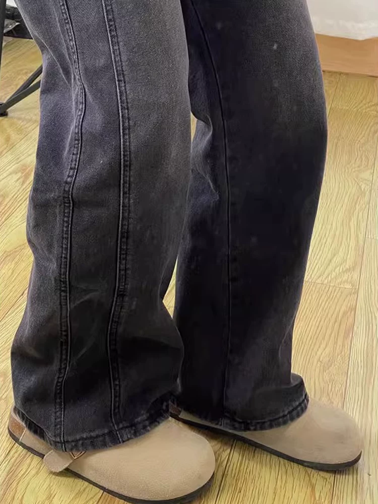 Quần jean ống đứng màu đen và xám dành cho nữ, cỡ lớn, mùa thu đông, lót lông cừu, dày dặn, sành điệu, cạp cao, giảm béo, quần ống rộng.