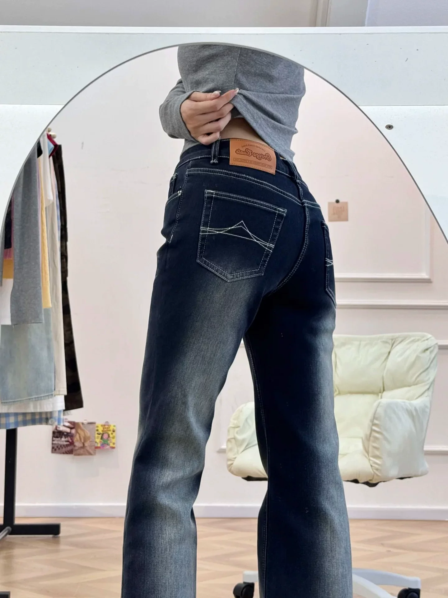 Quần jean ống loe kiểu Mỹ cổ điển dành cho nữ, mùa thu đông, cỡ lớn, lót lông cừu, dày dặn, cạp cao, co giãn, tôn dáng, quần dài chạm sàn