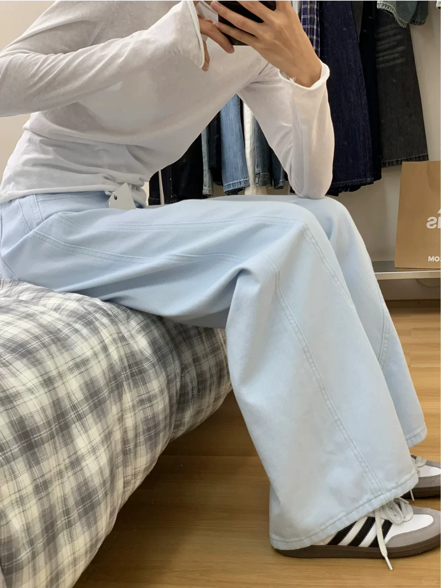 Quần jean màu xanh lam dành cho nữ, phong cách mùa thu mới, cỡ lớn, lưng cao, dáng rộng, giảm béo, dáng quả lê, quần ống rộng