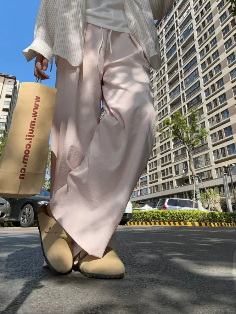 Quần suông màu hồng nữ mùa hè 2025 chất liệu mỏng, size lớn, cạp cao, dáng rộng, tôn dáng, chất liệu mát mẻ