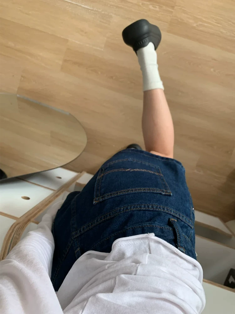 Quần short denim màu xanh đậm dành cho nữ, cỡ lớn mùa hè, lưng cao, che hông, giảm béo, dáng quả lê, quần ống rộng chữ A