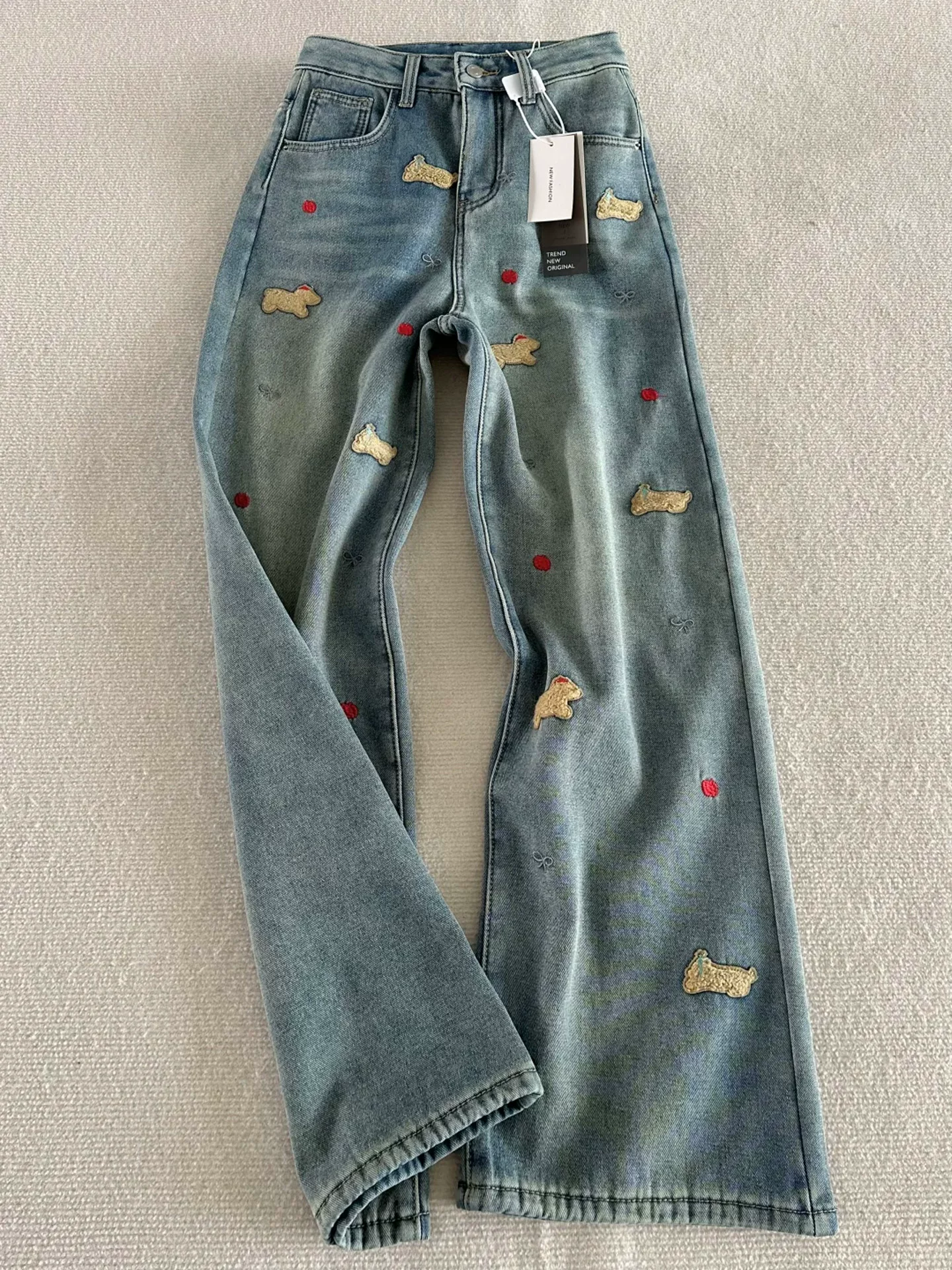 Quần jean ống rộng dày có lót lông cừu thêu dành cho nữ, mùa thu đông, cỡ lớn, lưng cao, dáng rộng, dáng suông, quần ống đứng nhỏ nhắn.