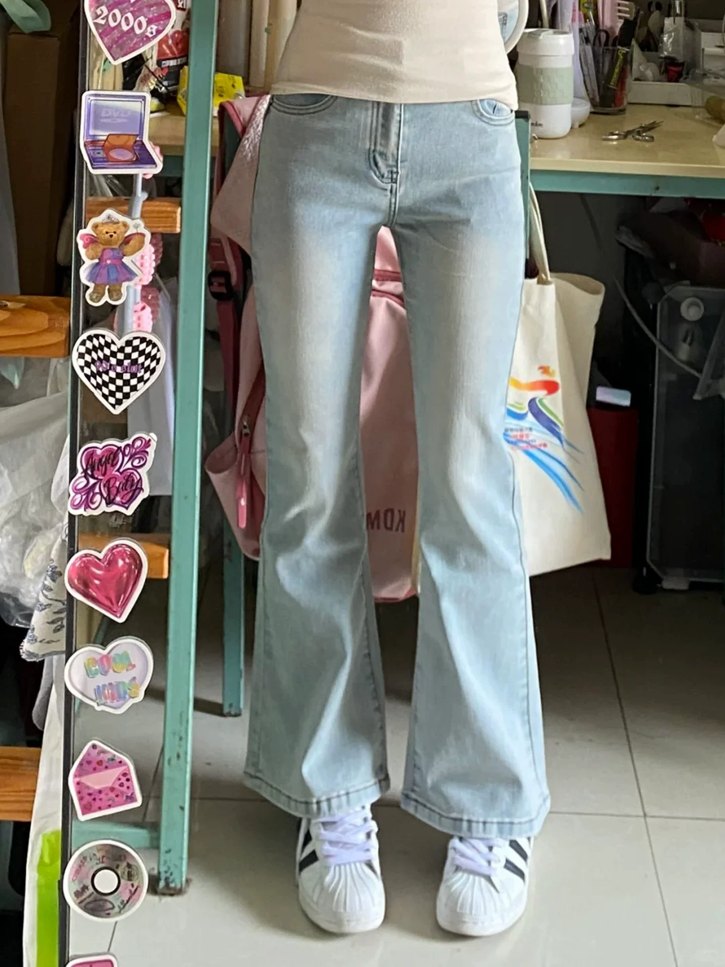 Quần jean bootcut màu xanh nhạt dành cho nữ, mùa thu, cỡ lớn, dáng quả lê, lưng cao, co giãn, giảm béo, nhỏ nhắn, quần móng ngựa