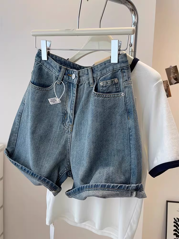 Quần short denim ống đứng cổ điển dành cho nữ, kiểu dáng mỏng mùa hè, cỡ lớn, lưng cao, dáng rộng, tôn dáng, quần short dài vừa phải kiểu chữ A.