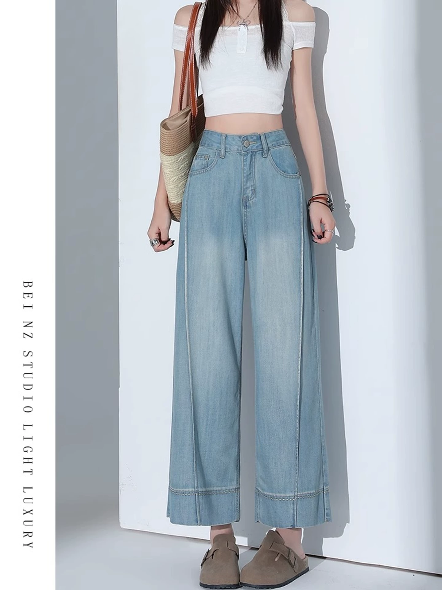 Quần jean Tencel màu xanh nhạt dành cho nữ, kiểu dáng mỏng mùa hè, cỡ lớn, lưng cao, giảm béo, nhỏ nhắn, quần ống rộng bằng lụa băng.